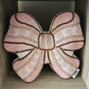 Love Letters Pink Beaded Heart Bow Accent Pillow